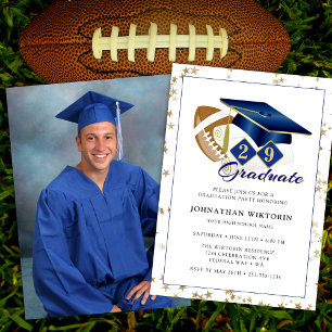 Classic Graduation Cap Blue Gold Football Photo Invitation