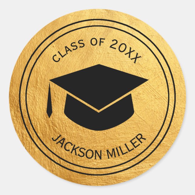 Classic Graduation Cap Personalized  GOLD Round Sticker (Front)
