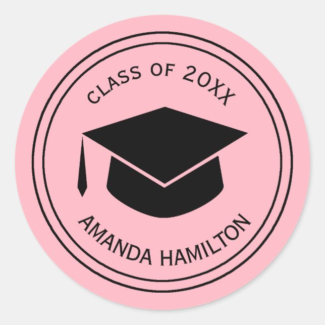 Classic Graduation Cap Personalized  PLUSH PINK Round Sticker (Front)