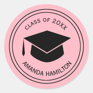 Classic Graduation Cap Personalized PLUSH PINK Round Sticker