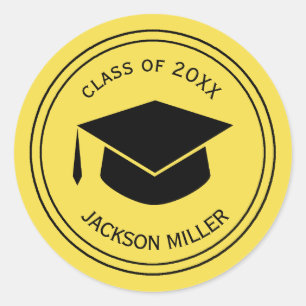 Classic Graduation Cap Personalized  YELLOW Round Sticker