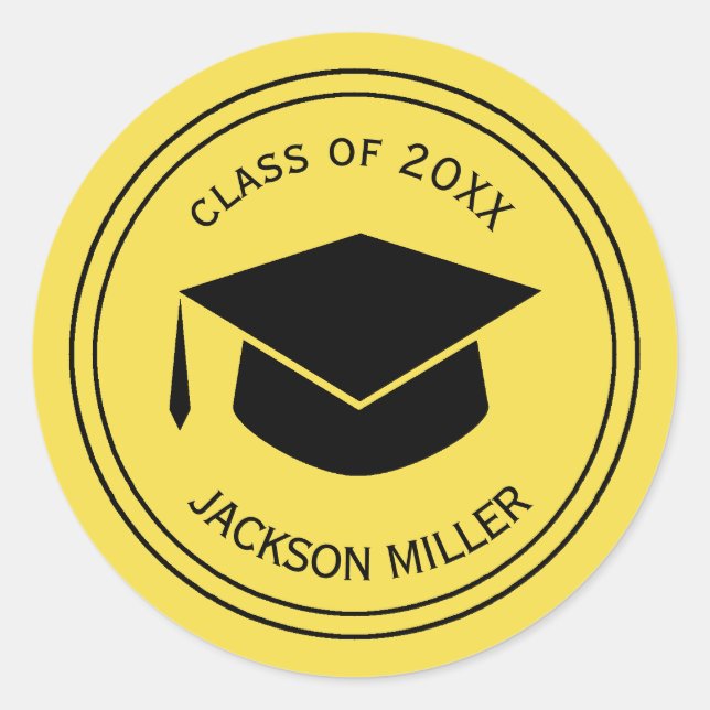 Classic Graduation Cap Personalized  YELLOW Round Sticker (Front)