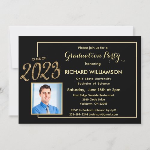 Classic Graduation Party Invite Photo Black Gold 