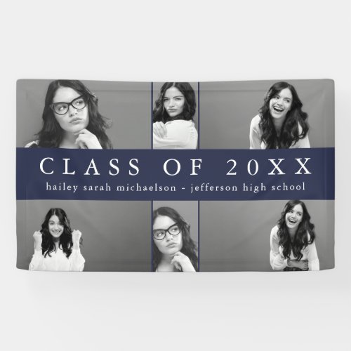 Classic Graduation Photo Collage with Name Blue Banner