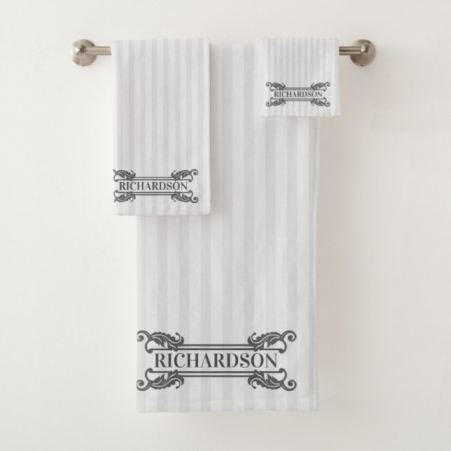 Classic Gray Acanthus Leaf Monogram Elegant Stripe Bath Towel Set (Insitu)