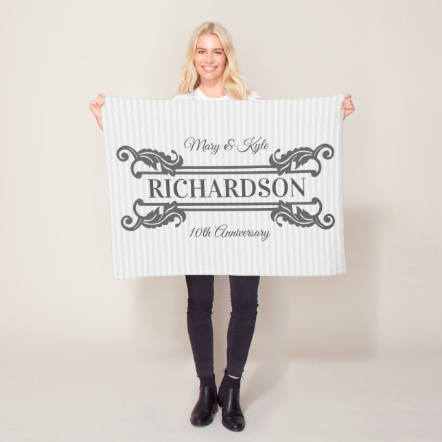 Classic Gray Acanthus Leaf Monogram Elegant Stripe Fleece Blanket (In Situ)