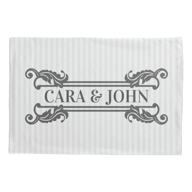 Classic Gray Acanthus Leaf Monogram Elegant Stripe Pillow Case (Back)