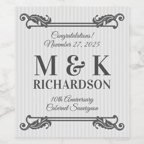 Classic Gray Acanthus Leaf Monogram Elegant Stripe Wine Label