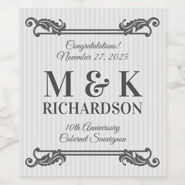 Classic Gray Acanthus Leaf Monogram Elegant Stripe Wine Label (Single Label)