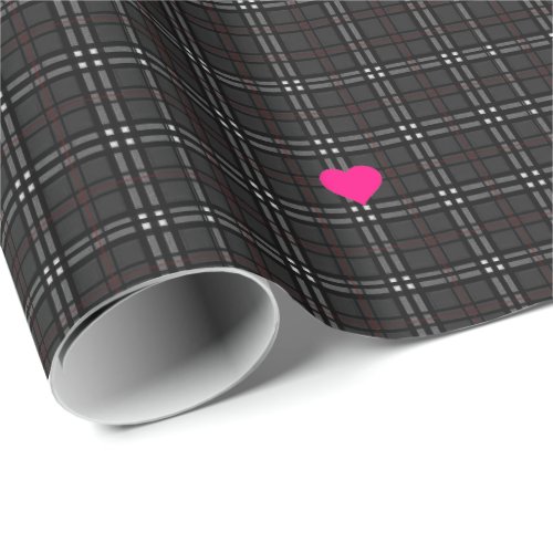 Classic gray and black plaid pattern Pink Hearts Wrapping Paper