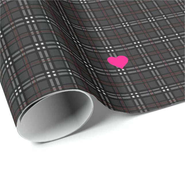 Classic gray and black plaid pattern Pink Hearts Wrapping Paper (Roll Corner)