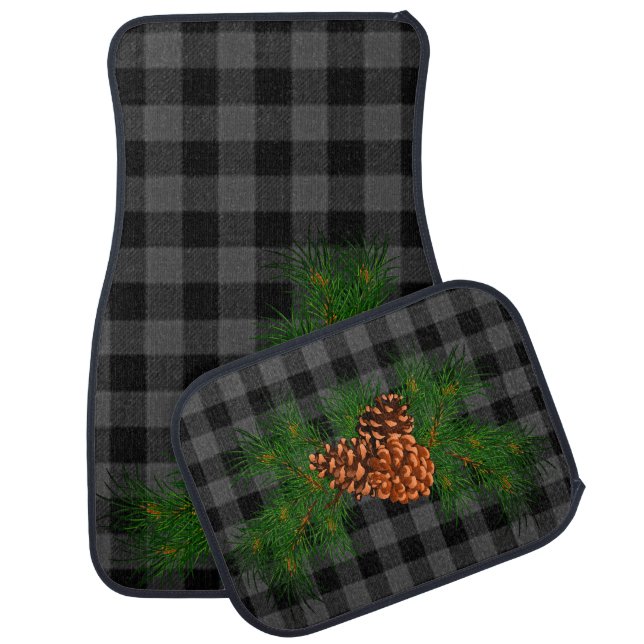 Classic gray and black plaid pine cone car floor mat (Set)