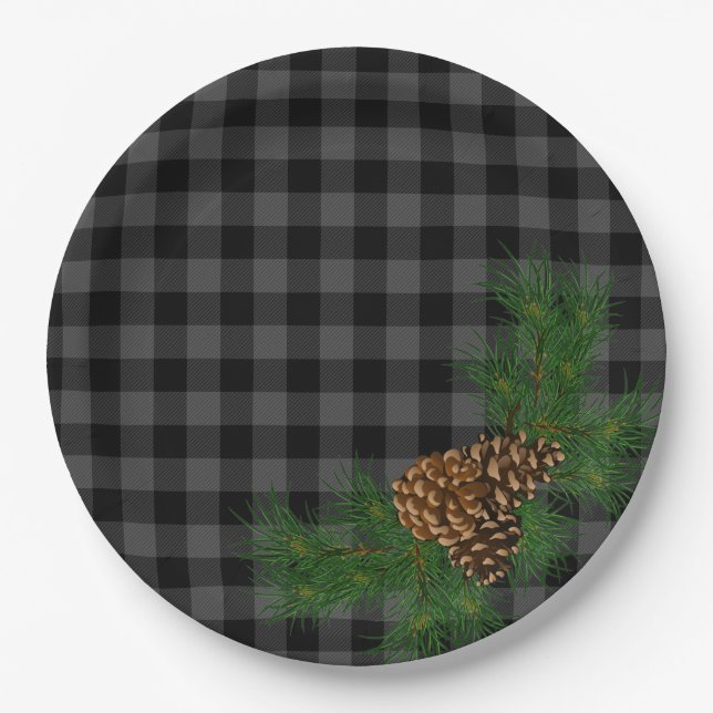 Classic gray and black plaid pine cone paper plates (Front)