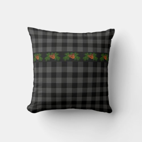 Classic gray and black plaid pine cone throw pillow