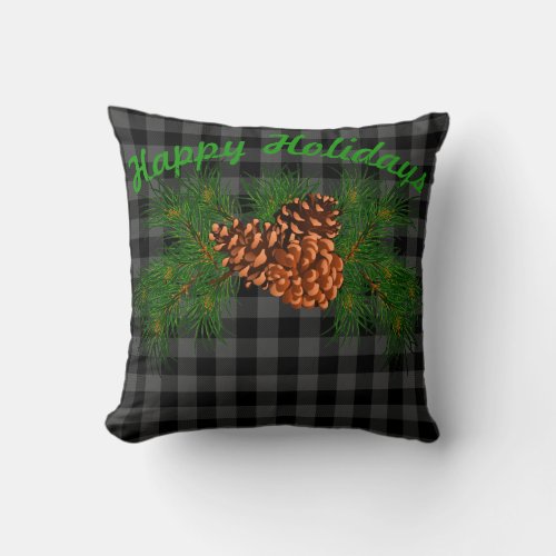 Classic gray and black plaid pine cone throw pillow