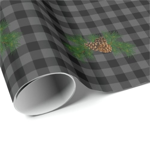 Classic gray and black plaid pine cone wrapping paper