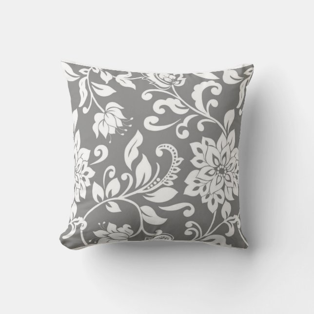 Classic Gray and White Floral Throw Pillow (Front)