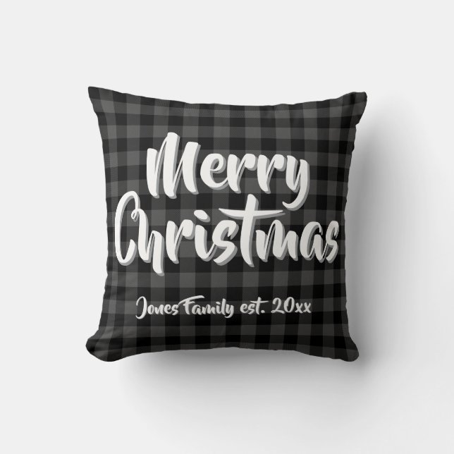 Classic gray black buffalo plaid personalized throw pillow (Front)