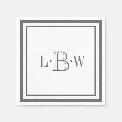 Classic Gray Border Monogrammed Paper Napkins