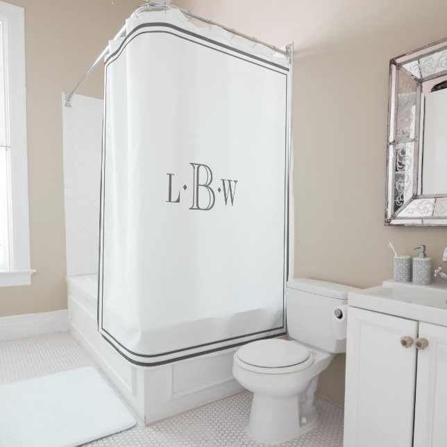 Classic Gray Border Monogrammed Shower Curtain (In Situ)