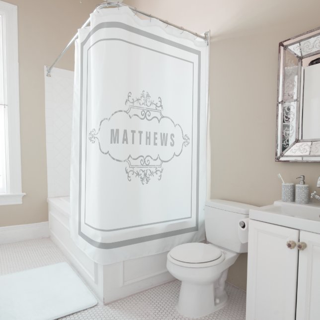 Classic gray Border Script Monogram Shower Curtain (In Situ)