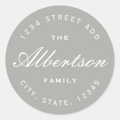 Classic Gray Calligraphy Family Name Address Classic Round Sticker