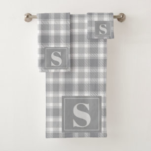 Classic Gray Farmhouse Buffalo Plaid Monogram Bath Towel Set