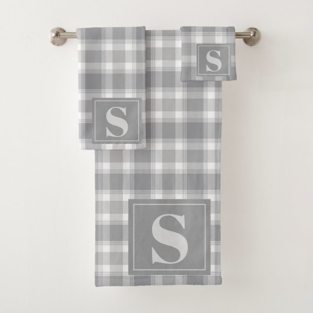 Classic Gray Farmhouse Buffalo Plaid Monogram Bath Towel Set (Insitu)