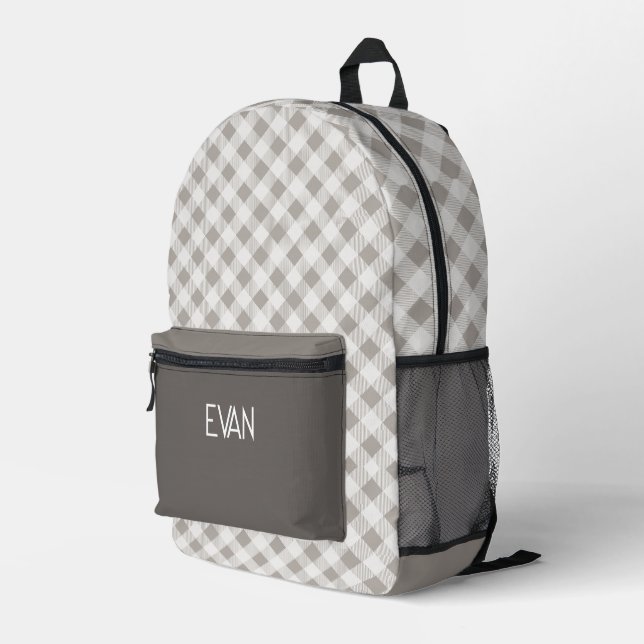 Classic Gray Gingham Pattern Personalized School Printed Backpack (Back Corner Right)