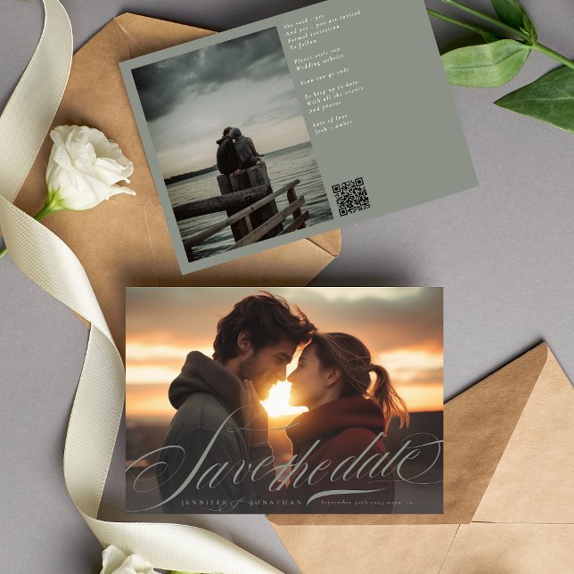 Classic Gray Green Calligraphy QR Code Two Photo Save The Date (Creator Uploaded)