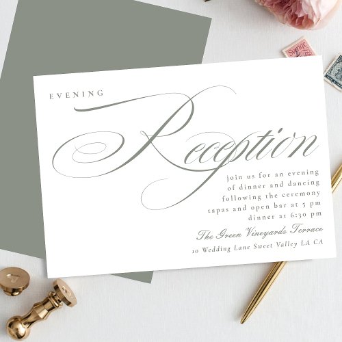 Classic Gray Green Calligraphy Wedding Reception Invitation