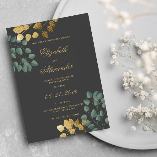 Classic Gray Green Gold Eucalyptus Leaf Wedding Invitation