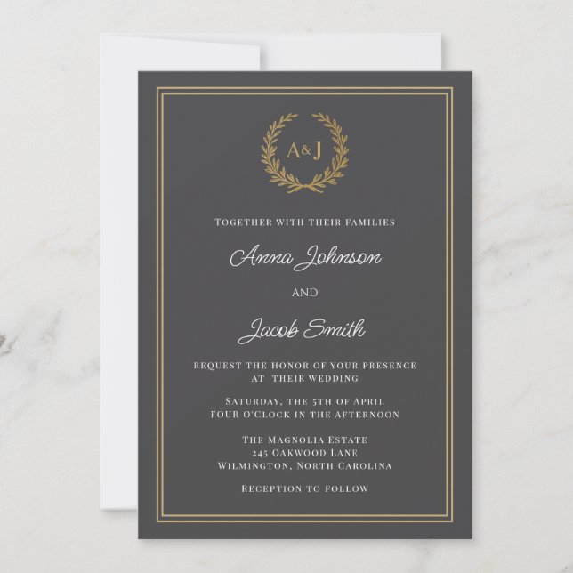 Classic Gray Laurel Wreath Monogram Elegant Photo Invitation (Front)