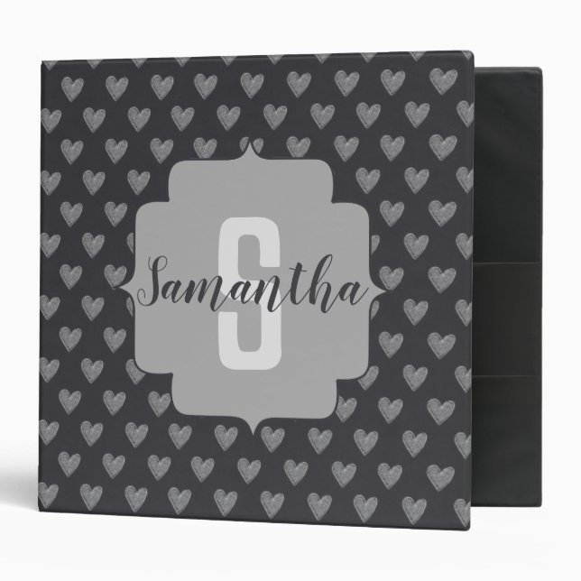 Classic Gray Monogram and Chalk Hearts Pattern 3 Ring Binder (Front/Inside)