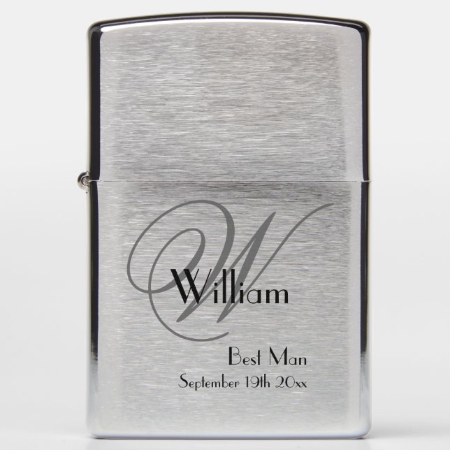 Classic Gray Monogram Black Script Silver Best Man Zippo Lighter (Front)