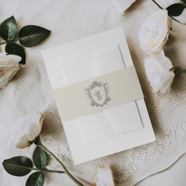 Classic Gray Monogram Formal Floral Crest Wedding Invitation Belly Band (Creator Uploaded)