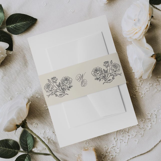 Classic Gray Monogram Formal Florals Wedding Invitation Belly Band (Creator Uploaded)