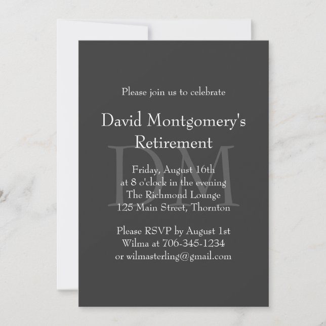 Classic Gray Monogram Retirement Invitation (Front)