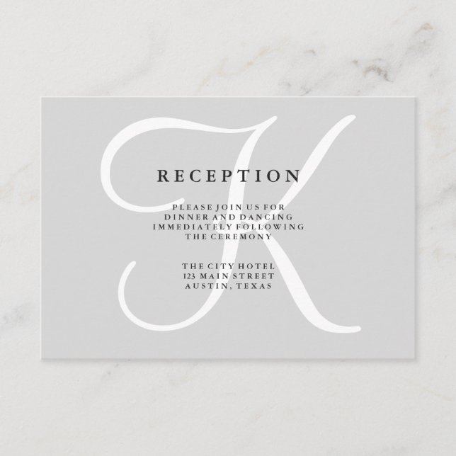 Classic Gray Monogram Wedding Reception Card (Front)