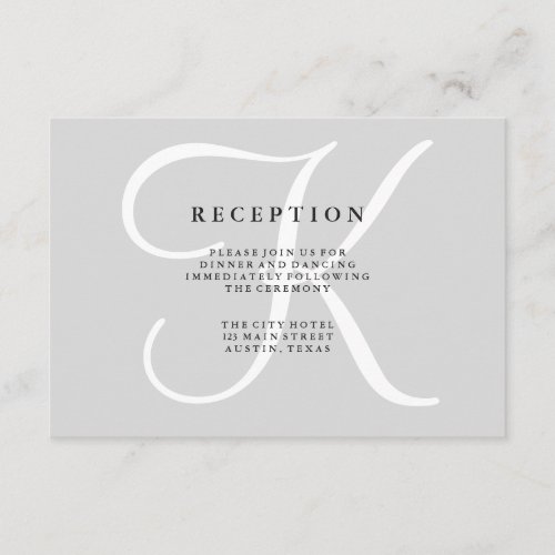 Classic Gray Monogram Wedding Reception Card