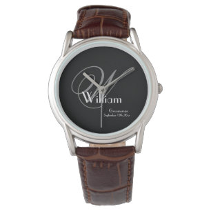 Classic Gray Monogram, White on Black Groomsman Watch