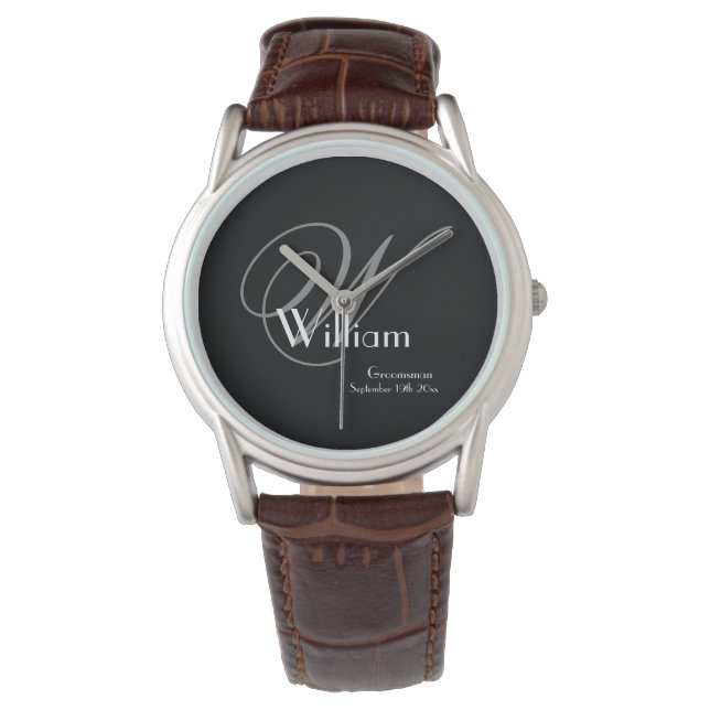 Classic Gray Monogram, White on Black Groomsman Watch (Front)
