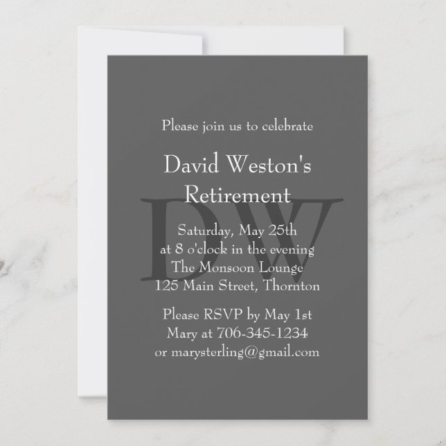 Classic Gray Monogrammed Retirement Invitation (Front)