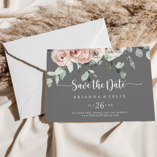 Classic Gray Pink Floral Horizontal Wedding  Save The Date