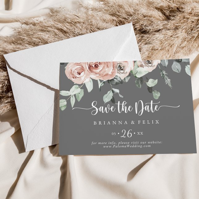 Classic Gray Pink Floral Horizontal Wedding  Save The Date (Creator Uploaded)