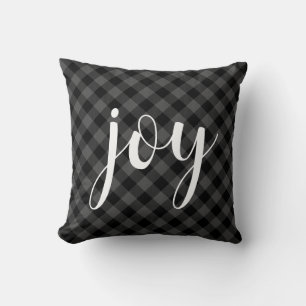 Classic gray Plaid elegant joy script Throw Pillow