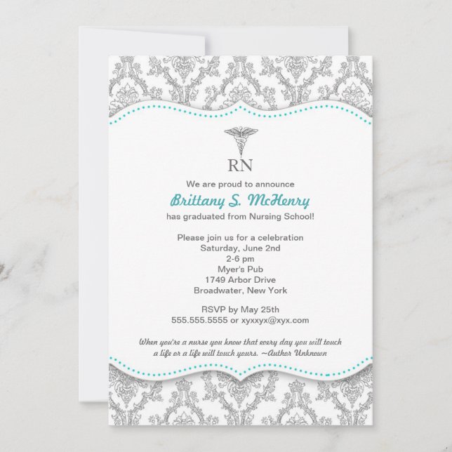 Classic Gray & Turquoise Nurse graduation pinning Invitation (Front)