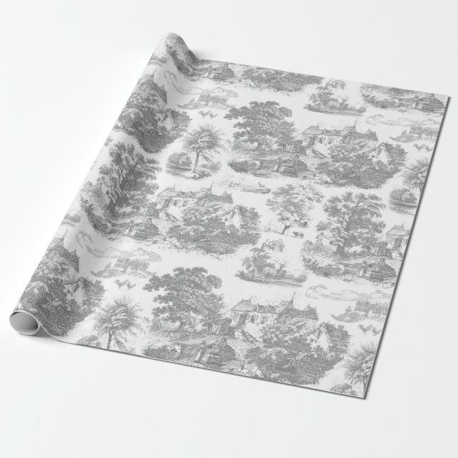 Classic Gray Vintage French Chateau Toile Wrapping Paper (Unrolled)
