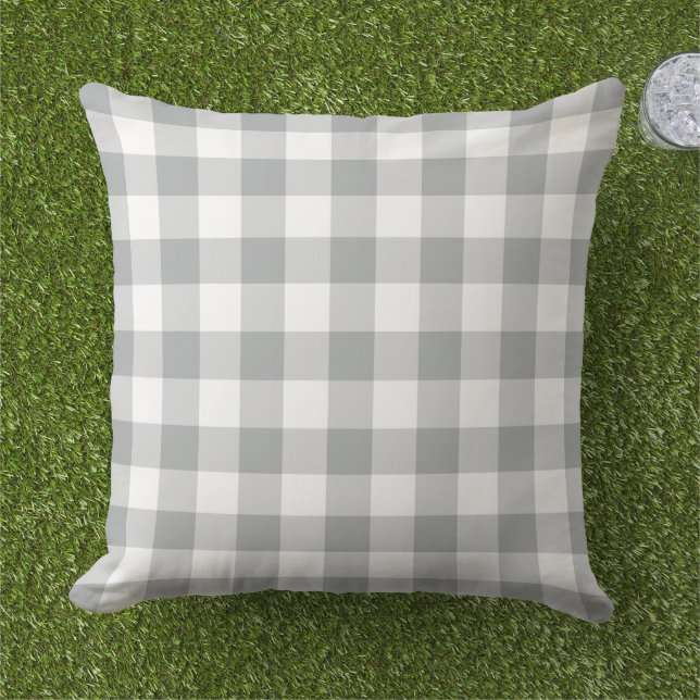 Classic Gray White Gingham Plaid Check Outdoor Pillow (Grass)