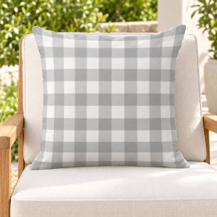 Classic Gray White Gingham Plaid Check Outdoor Pillow